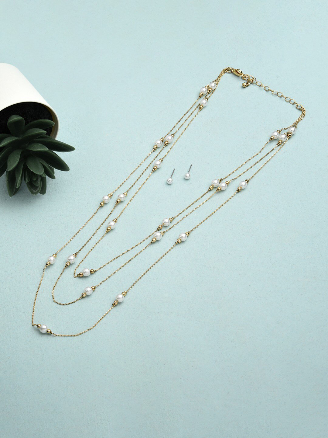 

AMI Women Gold-Plated Multi Layered Beaded Necklace and Earrings, White