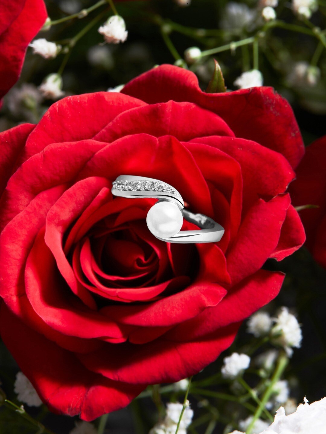 AMI Women Silver-Plated CZ-Studded Adjustable Finger Ring, White