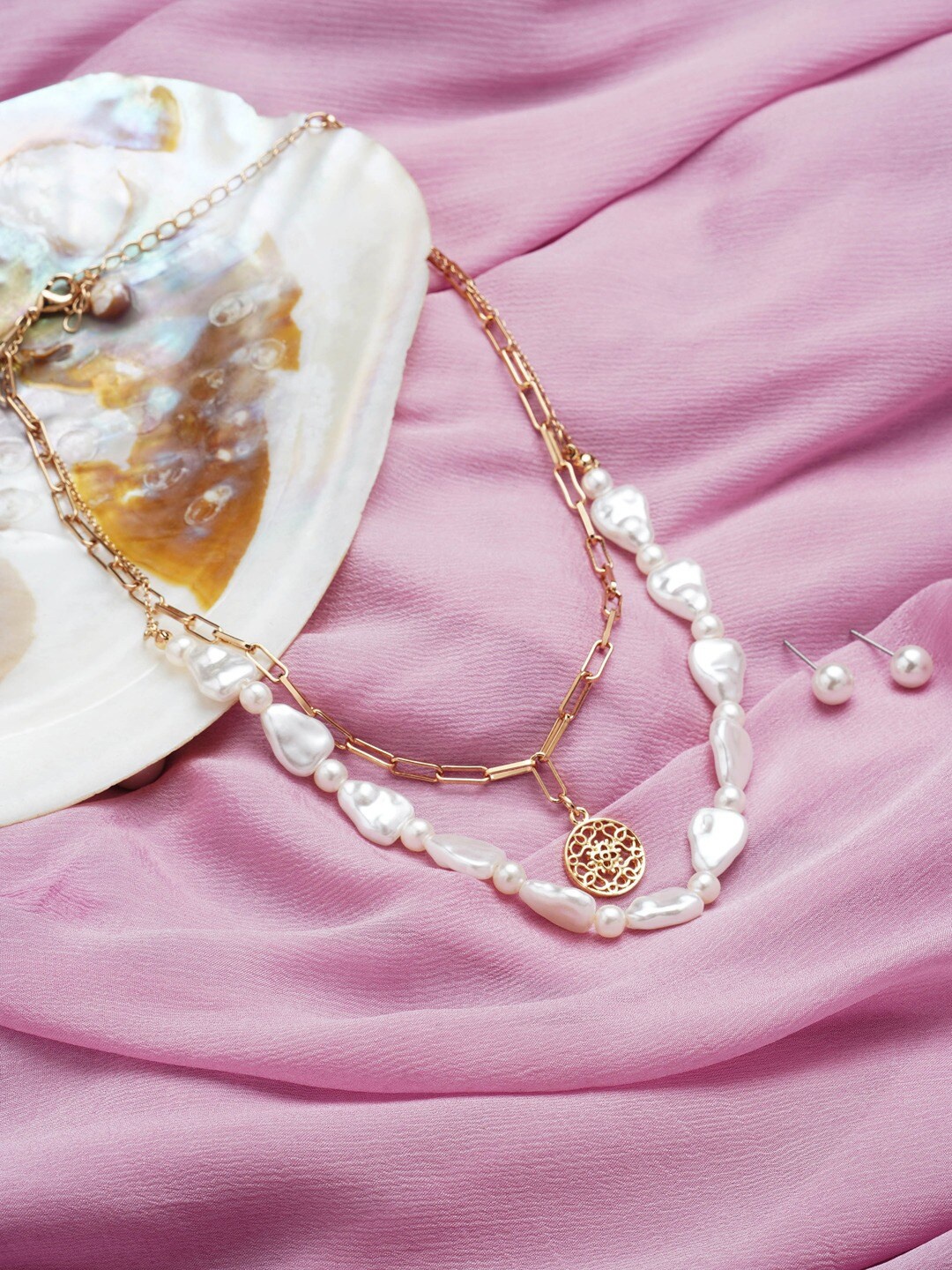 

AMI Women Gold-Plated Beaded Layered Necklace and Earrings, White