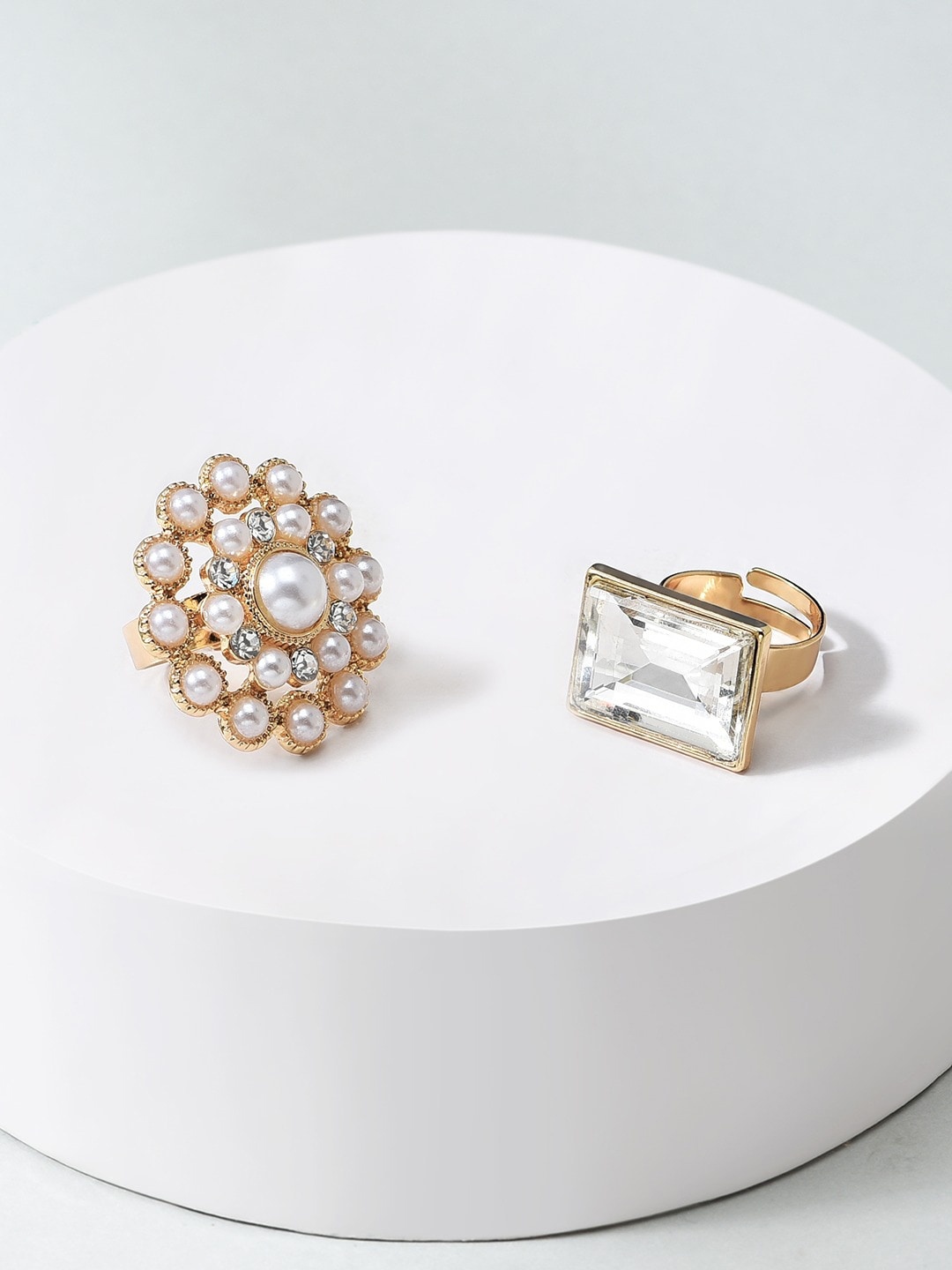 

AMI Women Set Of 2 Gold-Plated Stone Studded Finger Ring, White