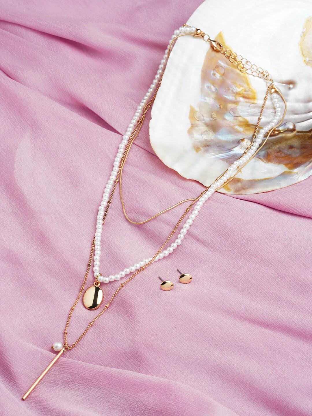 

AMI Women Gold-Plated Beaded 3-Layers Necklace and Earrings, White