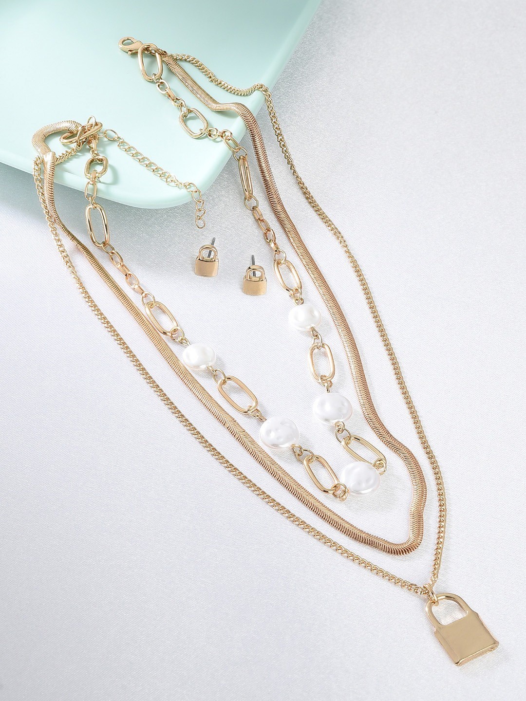 

AMI Women Gold-Plated Beaded Multi Layered Necklace and Earrings, White