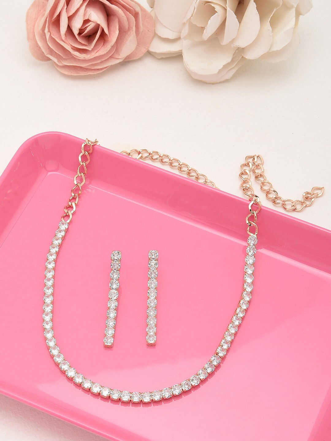 

AMI Women Rose Gold-Plated CZ Studded Necklace and Earrings, White
