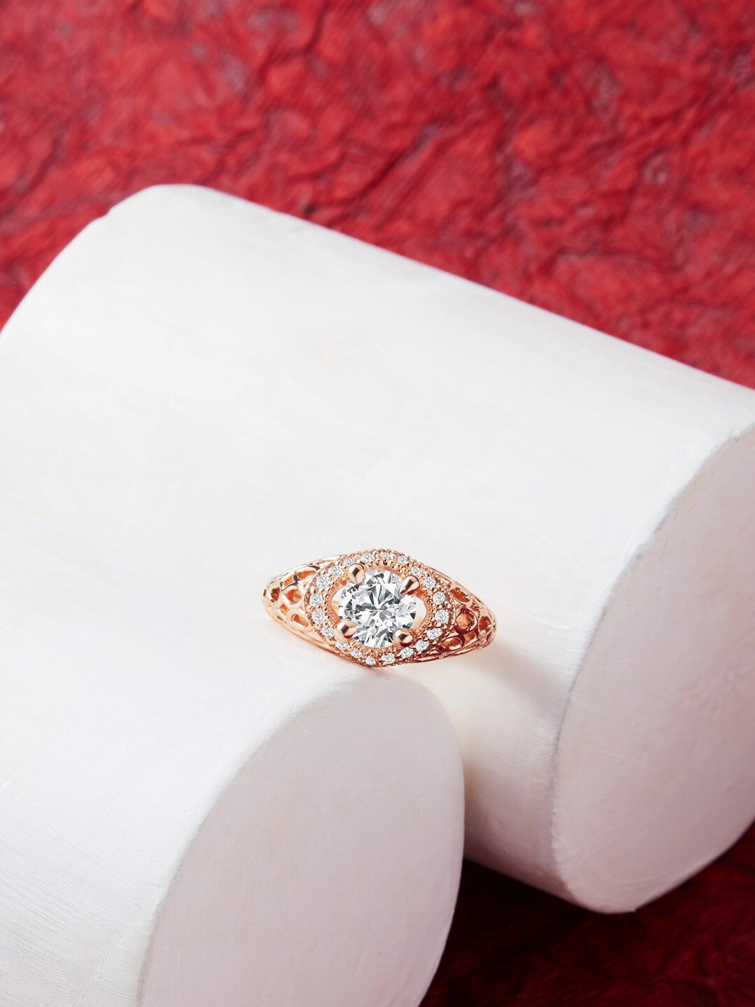 

AMI Women Rose Gold-Plated Cubic Zirconia Studded Brass Finger Ring, White