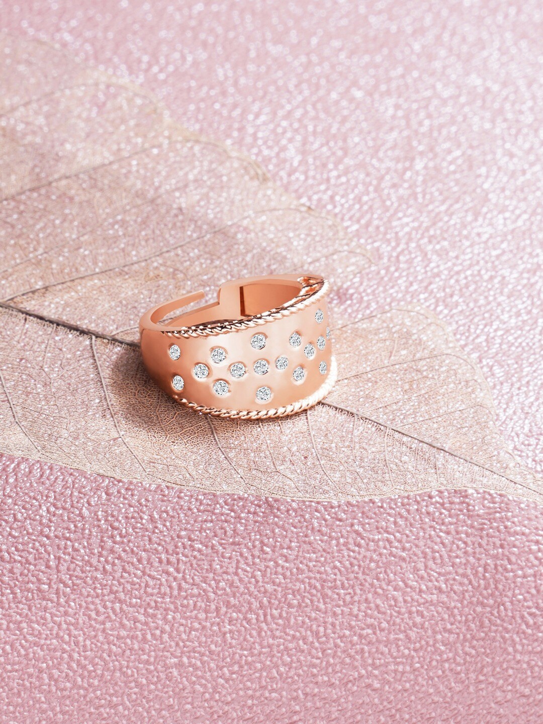 

AMI Women Rose Gold-Plated CZ Studded Finger Ring, White
