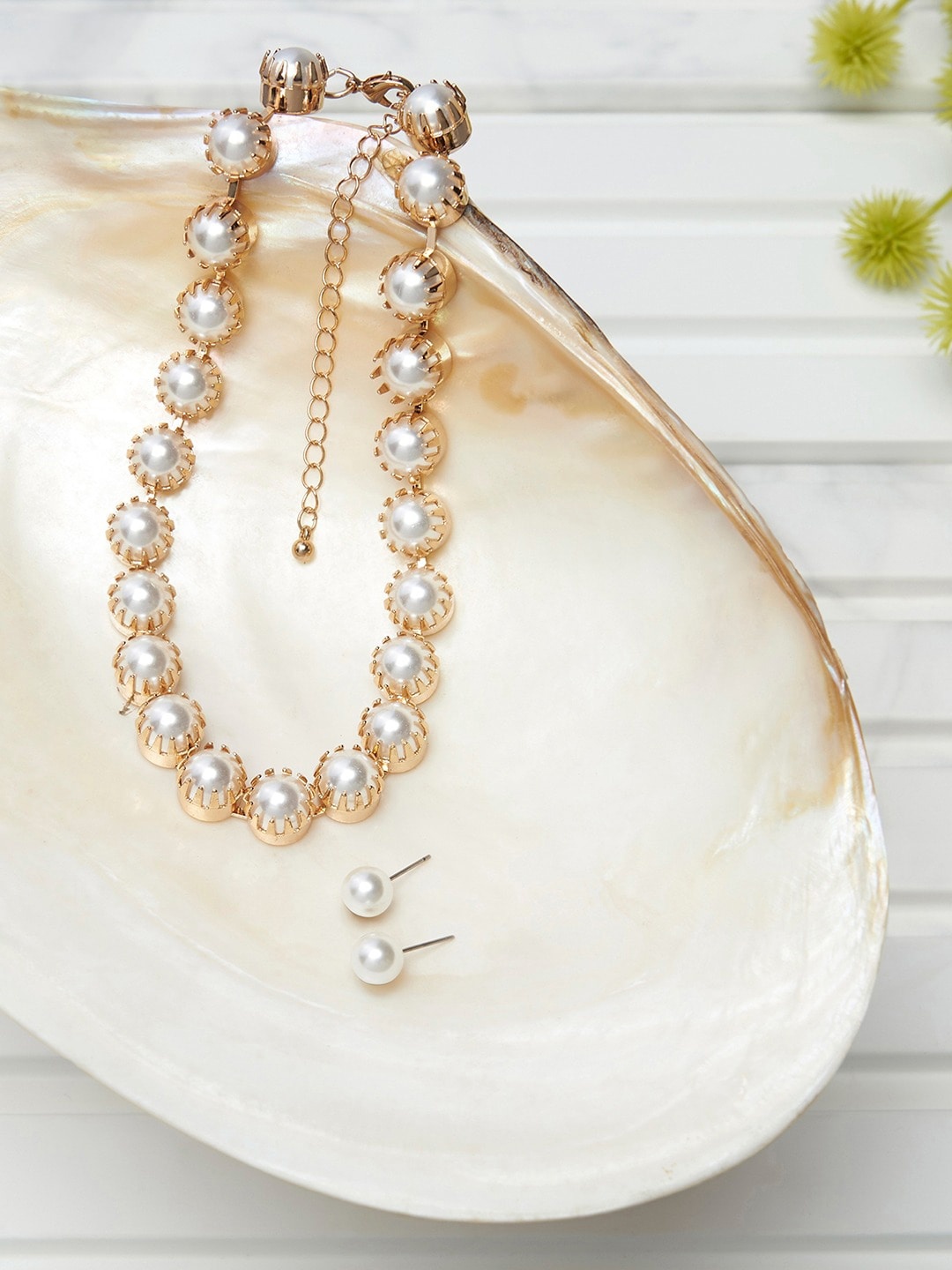 

AMI Women Gold-Plated Pearl-Studded Choker Necklace and Earrings, White