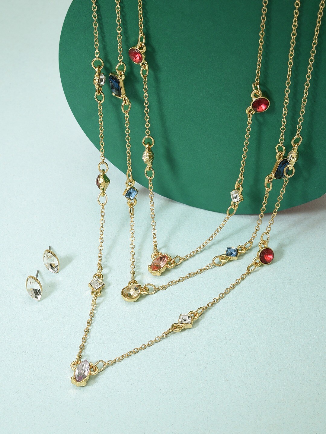 

AMI Women Gold-Plated Stone-Studded Layered Necklace and Earrings, Red