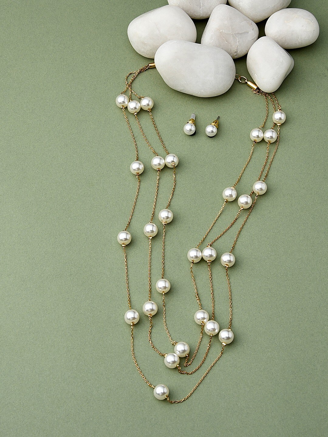 

AMI Women Gold-Plated Beaded Layered Necklace and Earrings, White