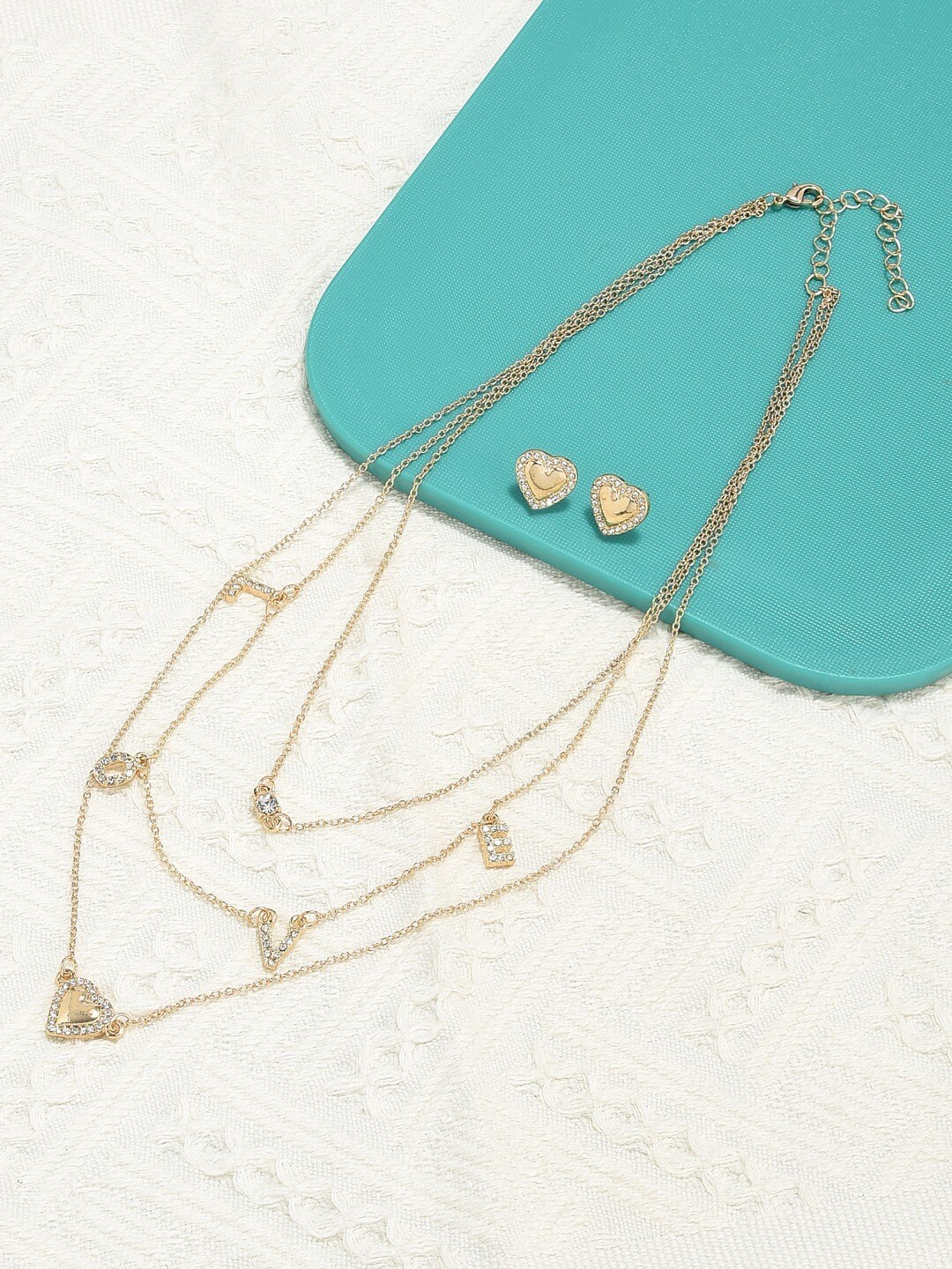 

AMI Women Gold-Plated Multi Layered Stone Studded Necklace and Earrings, White