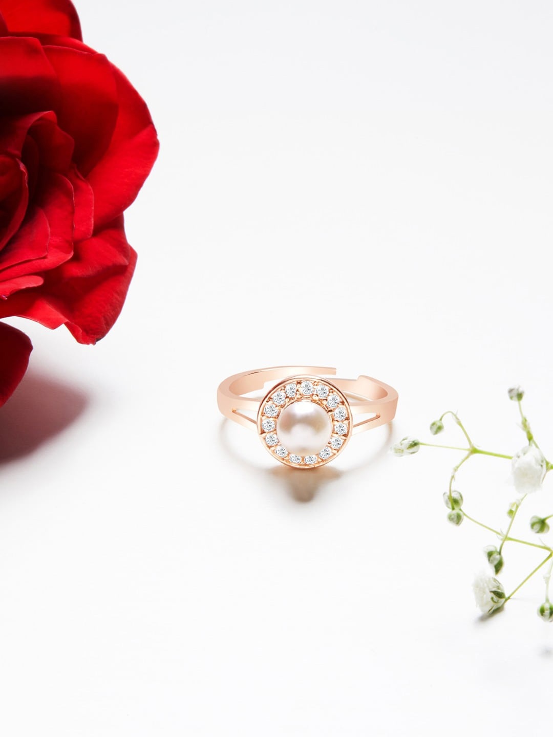 AMI Women Rose Gold-Plated Cubic Zirconia Stone-Studded & Pearl-Beaded Finger Ring, White