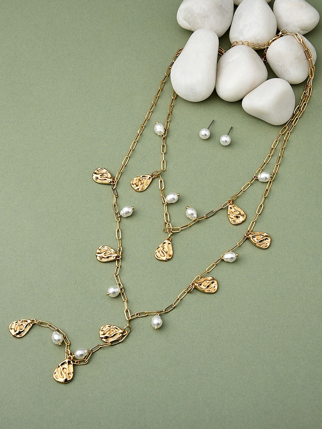 

AMI Women Gold-Plated Beaded Layered Necklace and Earrings, White