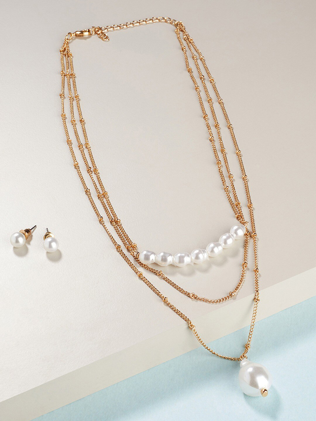 

AMI Women Gold-Plated Beaded Multi Layered Necklace and Earrings, White