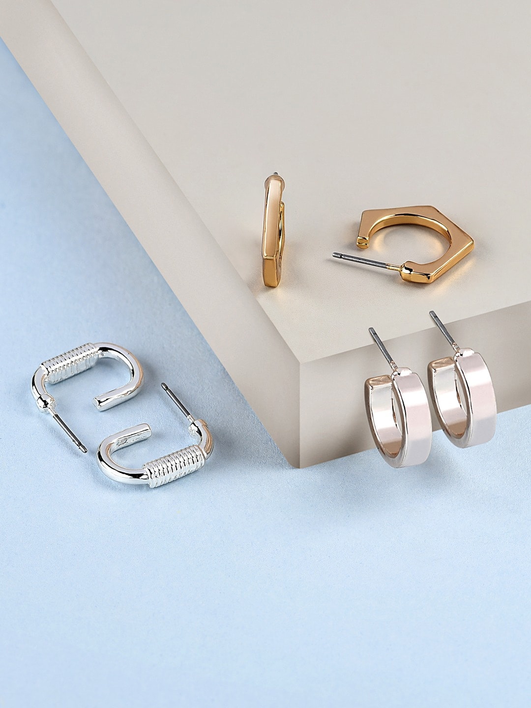 

AMI Set Of 3 Gold-Plated Contemporary Half Hoop Earrings, Silver