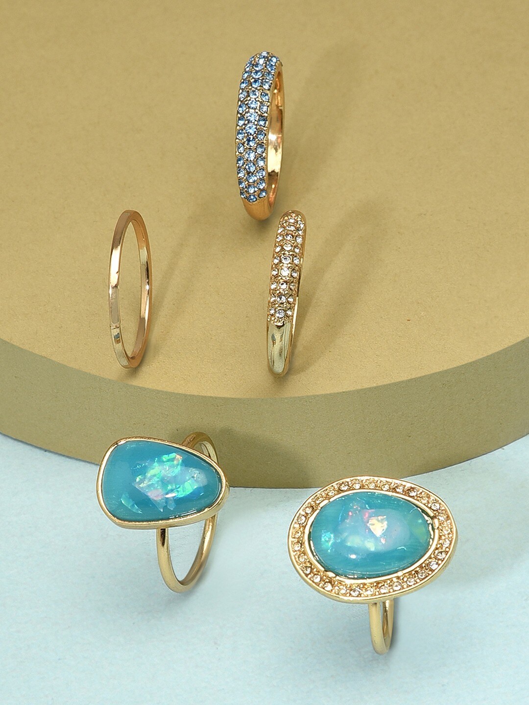 

AMI Women Set Of 5 Gold-Plated Artificial Stone-Studded Finger RingsZPFK15745, Turquoise blue