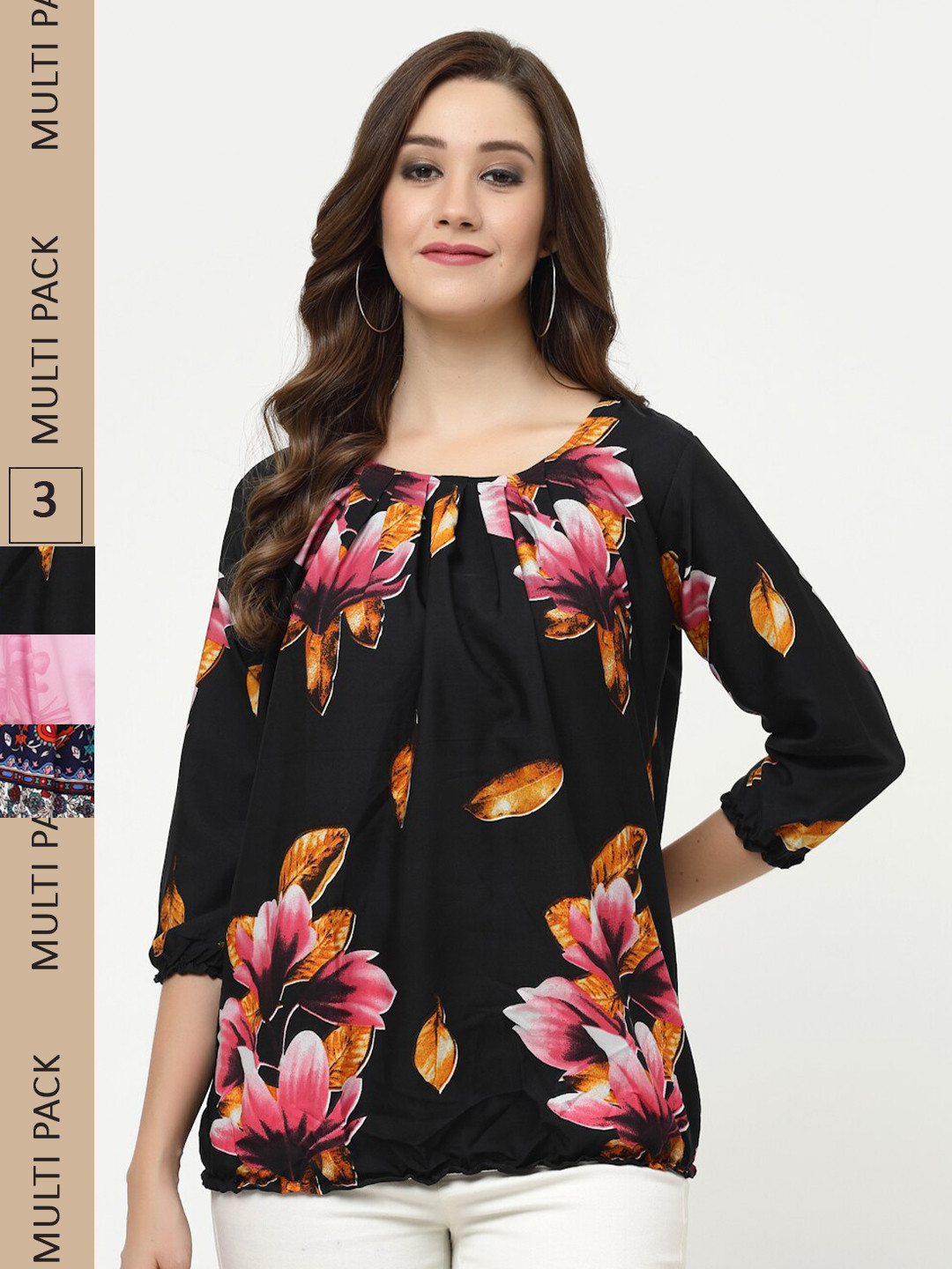 

MISS AYSE Pack of 2 Floral Print Crepe Top, Black