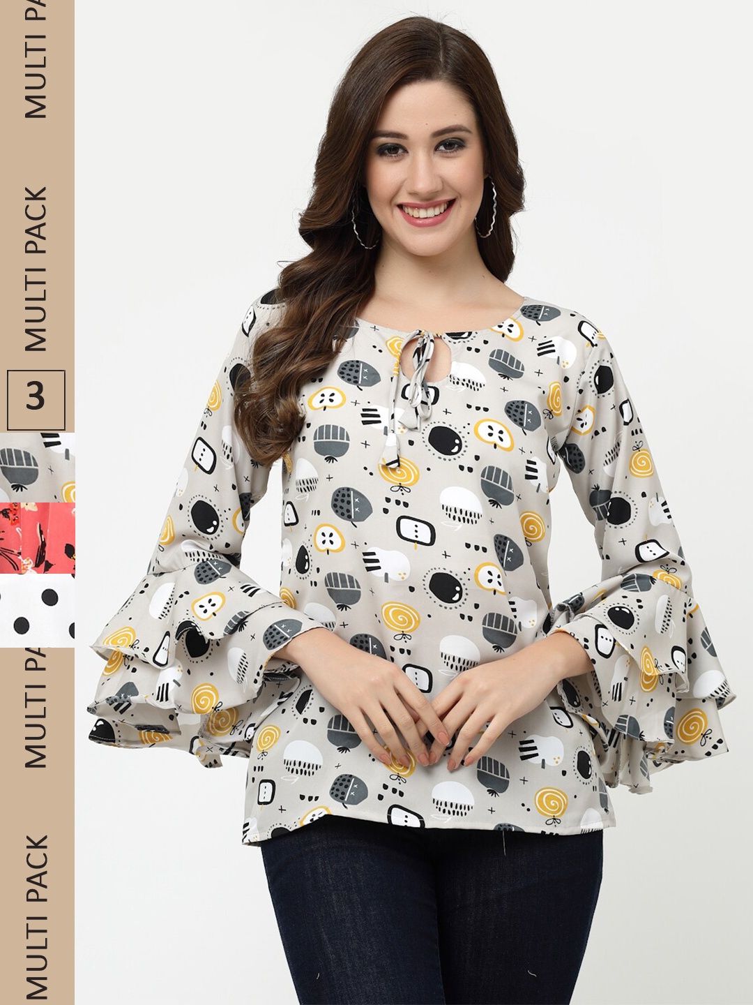 

MISS AYSE Pack of 3 Printed Tie-Up Neck Bell Sleeves Top, Grey