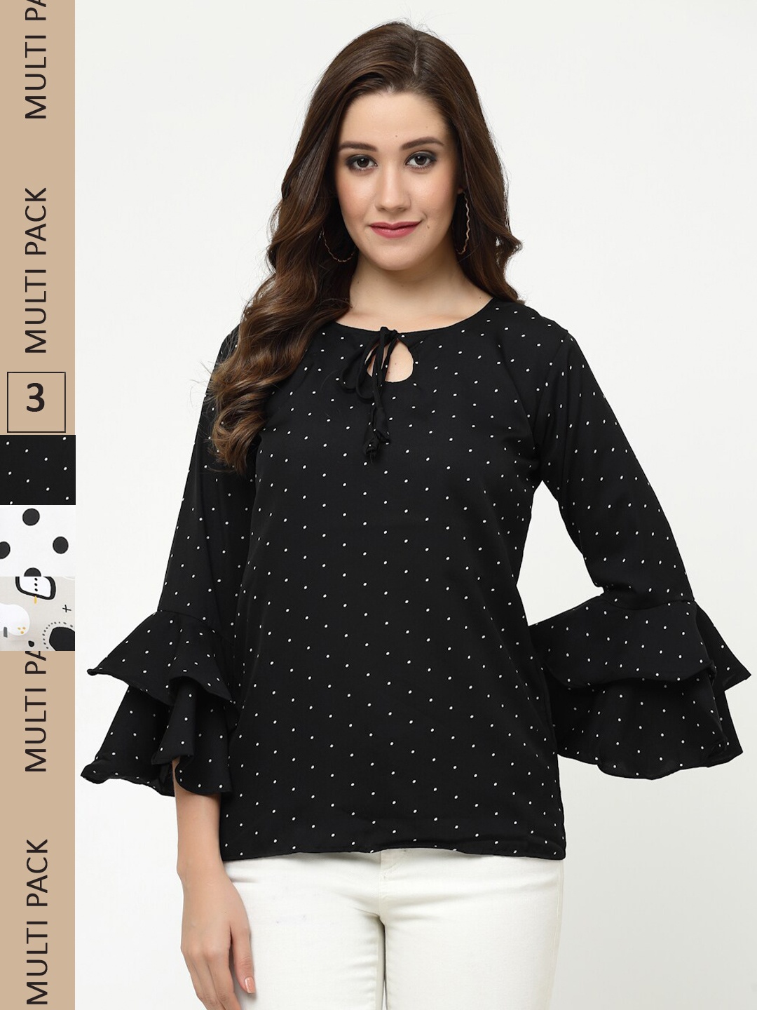 

MISS AYSE Pack of 3 Polka Dots Printed Tie-Up Neck Top, Black