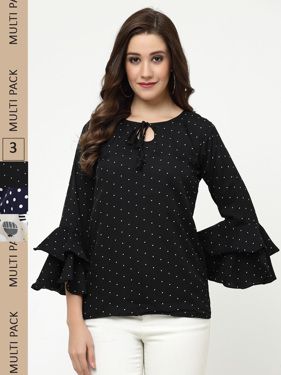 

MISS AYSE Pack of 3 Polka Dots Printed Tie-Up Neck Crepe Top, Multi