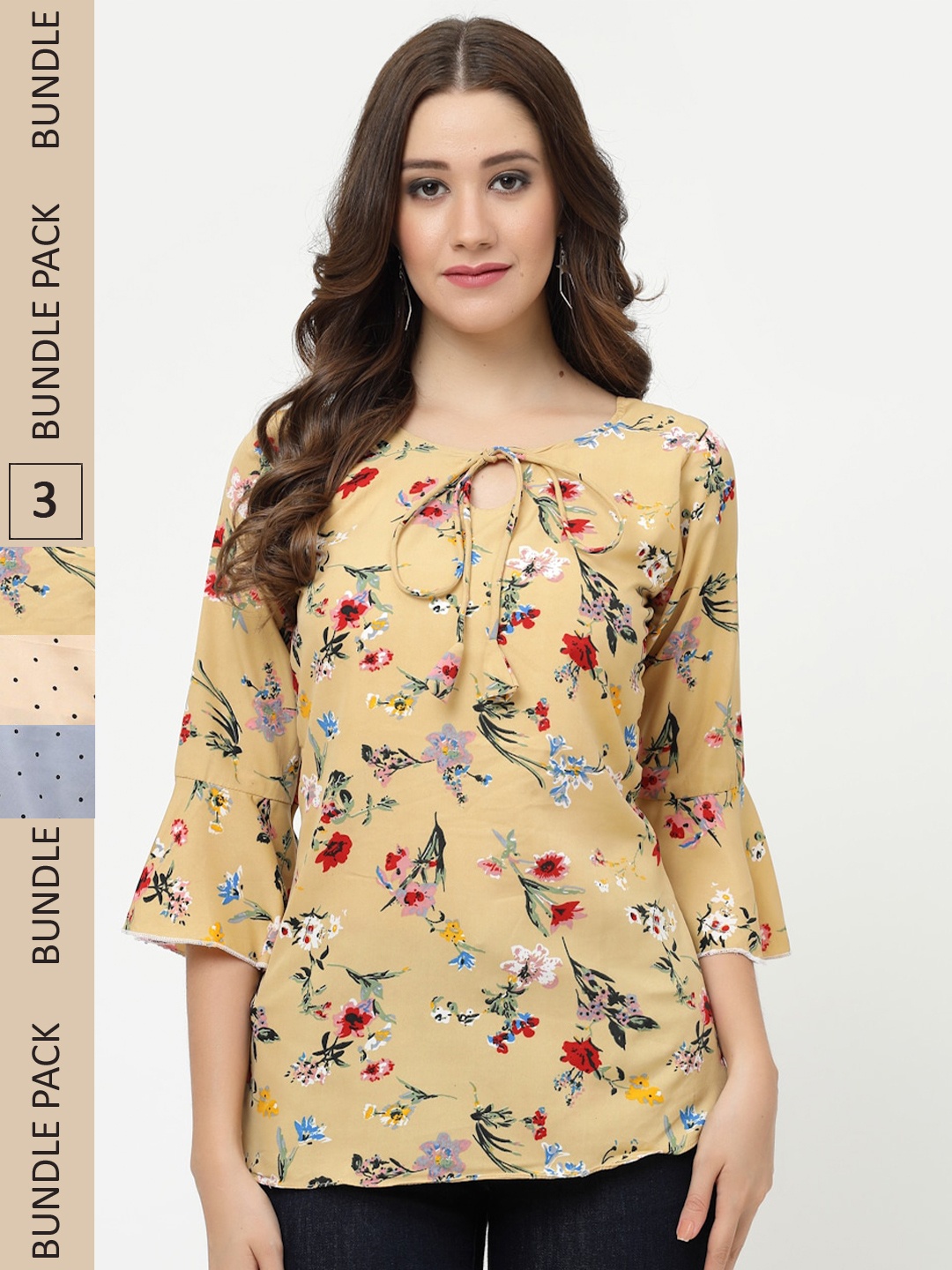 

MISS AYSE Pack Of 3 Printed Bell Sleeves Tie-Up Neck Tops, Mustard