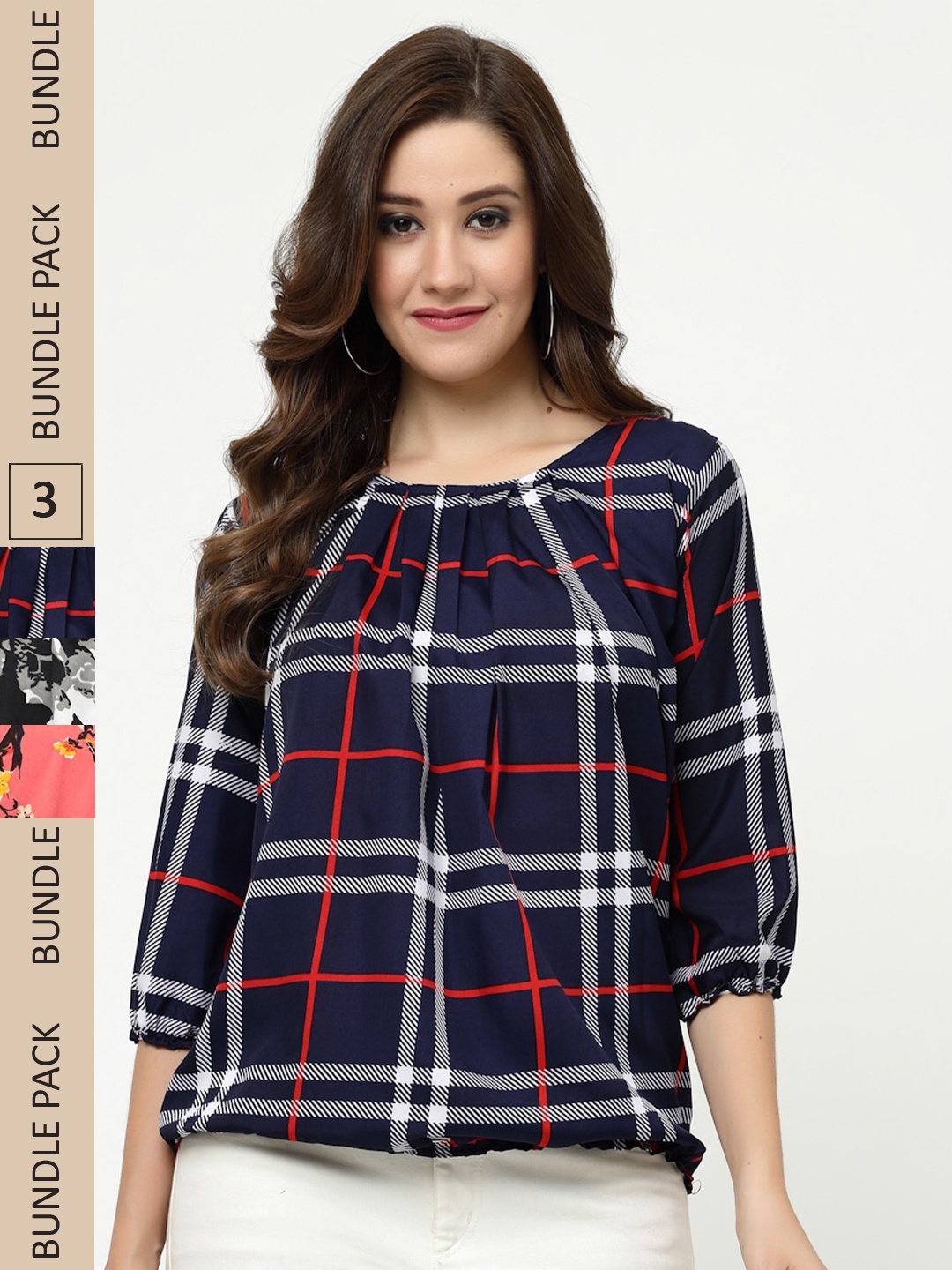 

MISS AYSE Pack Of 3 Printed Tops, Navy blue