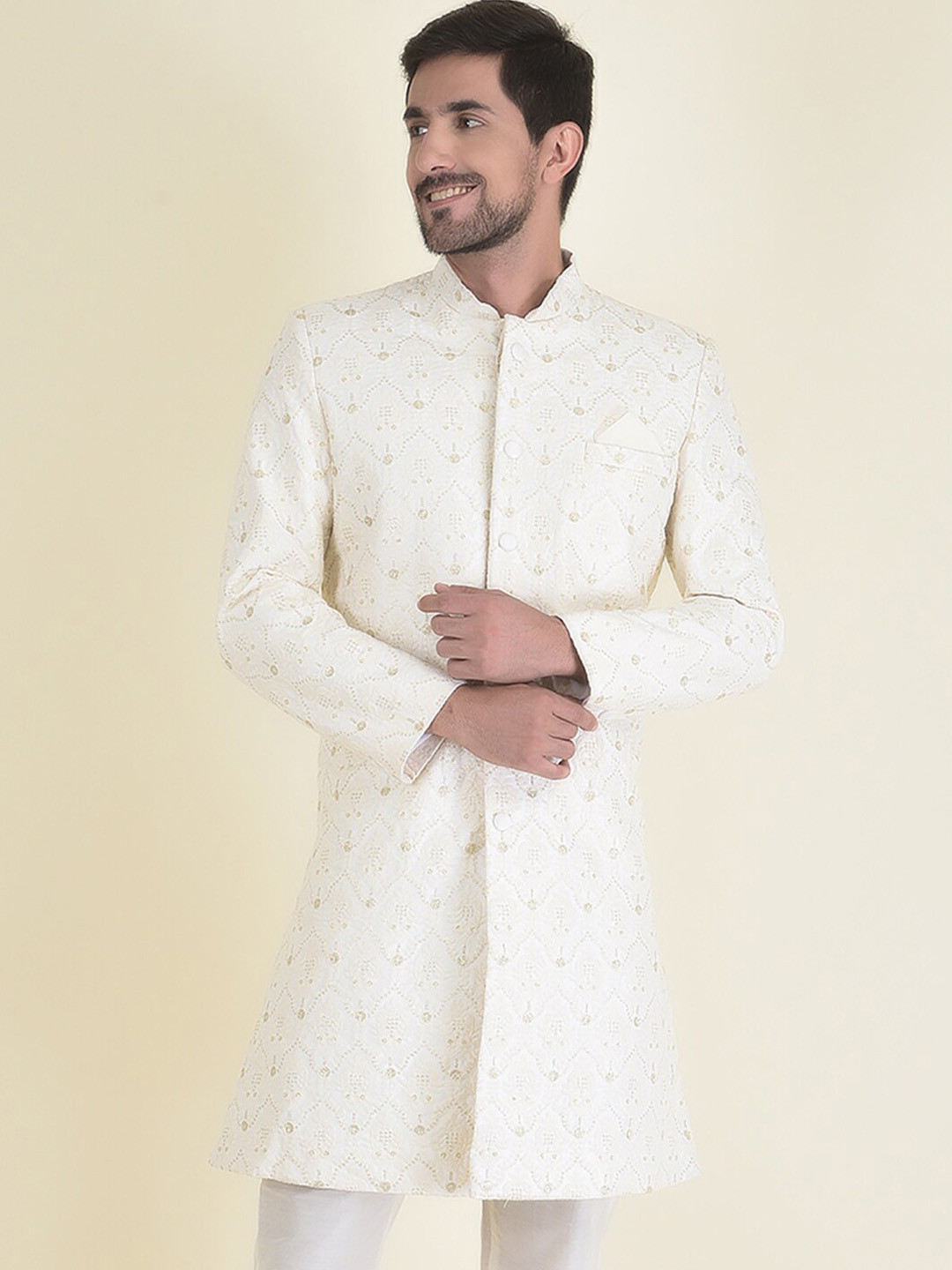 

HOUSE OF DEYANN Men Embroidered Sherwani With Trouser Set, Off white