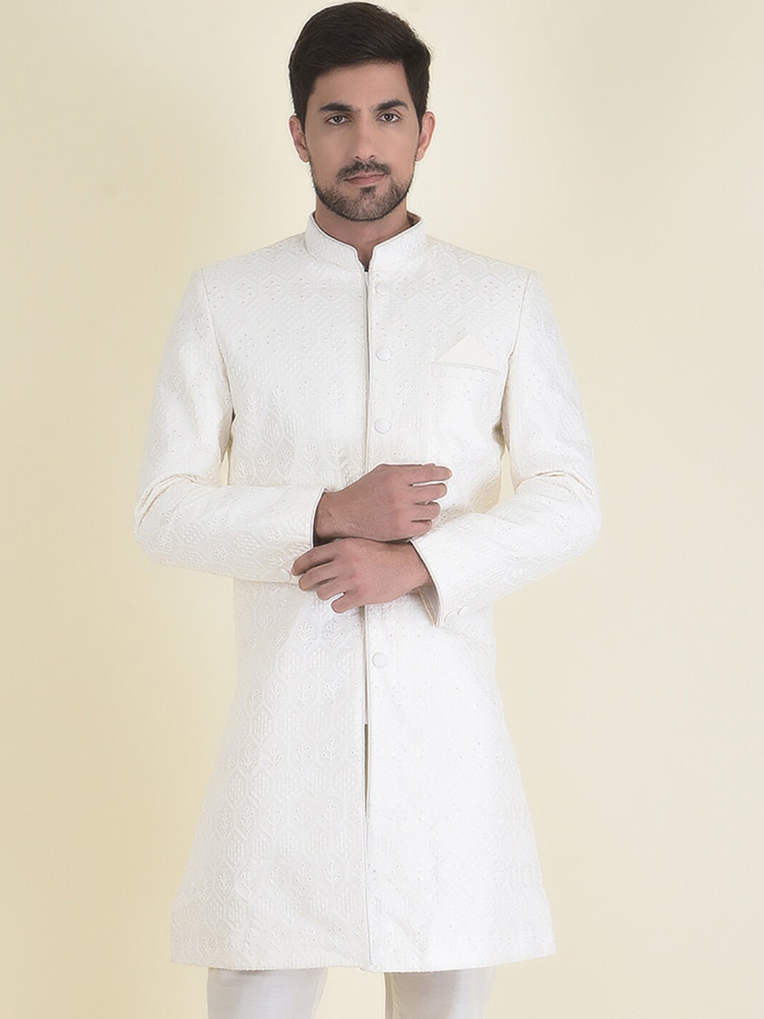 

HOUSE OF DEYANN Men Embroidered Sherwani With Trouser Set, Off white