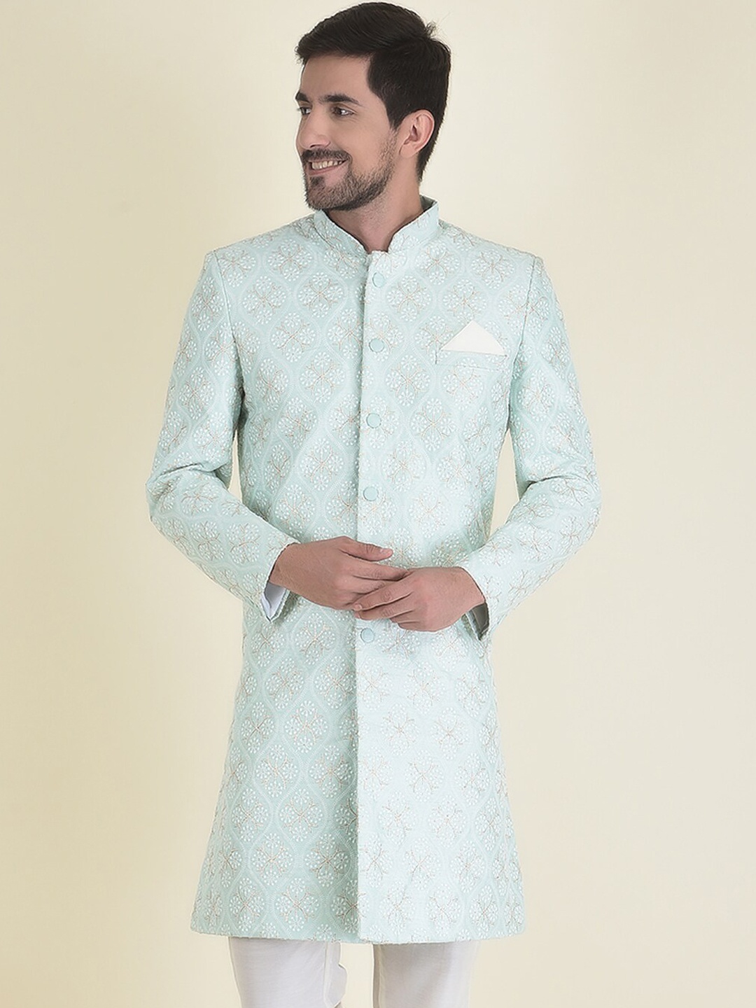 

HOUSE OF DEYANN Men Embroidered Sherwani With Trouser Set, Green