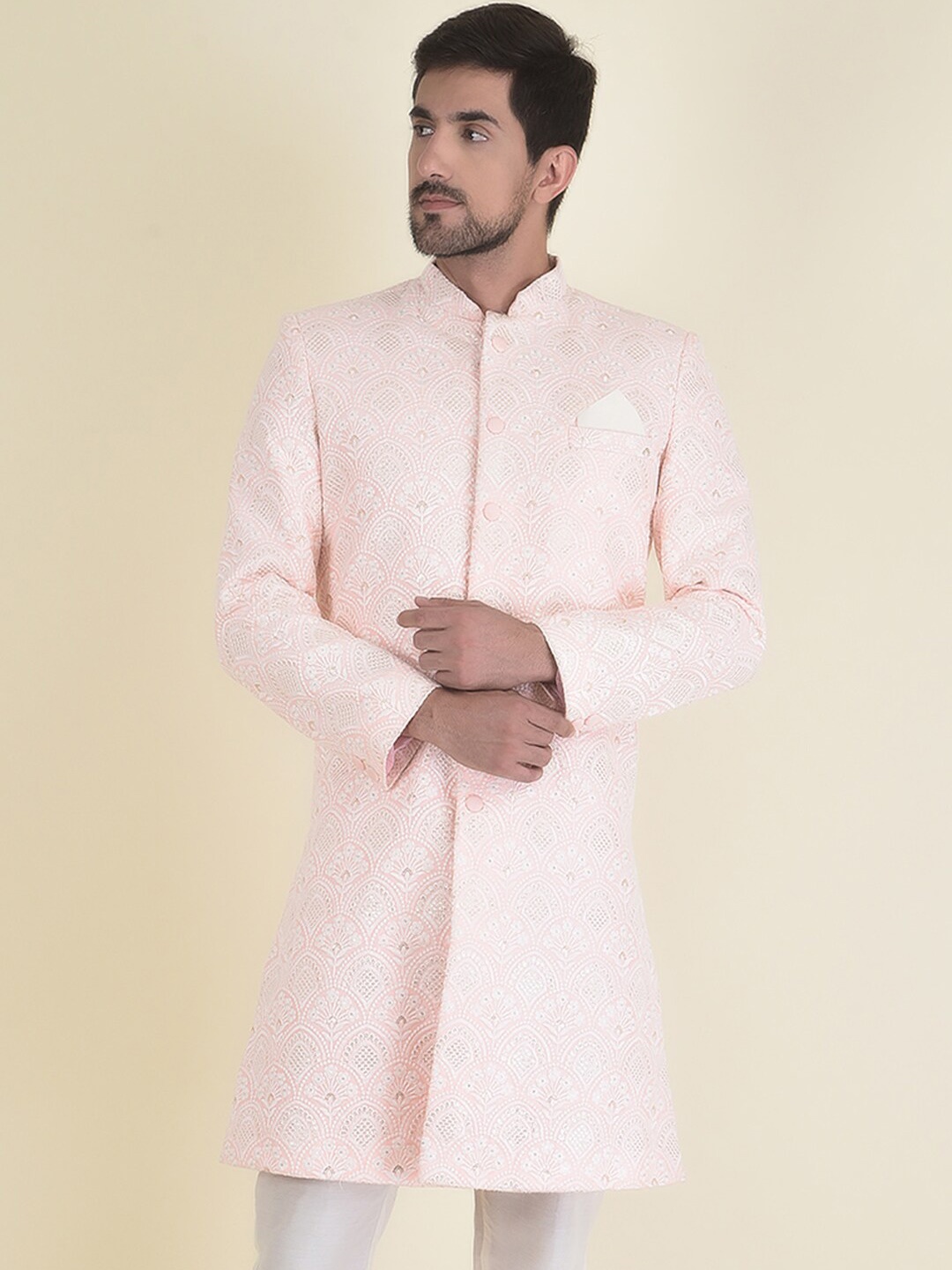 

HOUSE OF DEYANN Men Self-Design Sherwani With Trouser Set, Peach