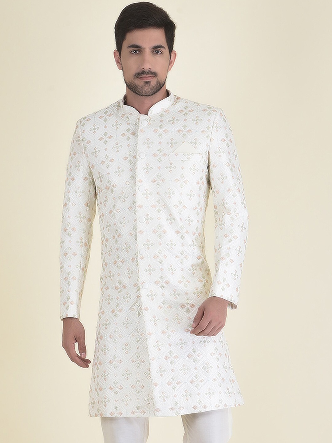 

HOUSE OF DEYANN Men Embroidered Sherwani With Trouser Set, Off white
