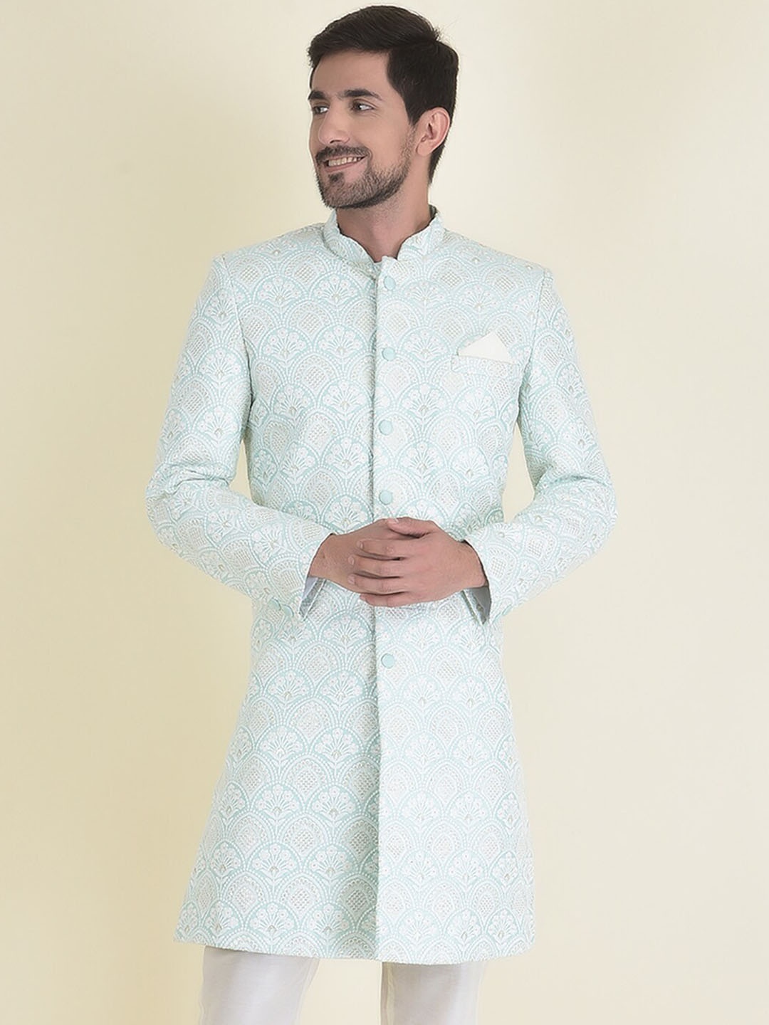 

HOUSE OF DEYANN Men Embroidered Sherwani With Trouser Set, Green