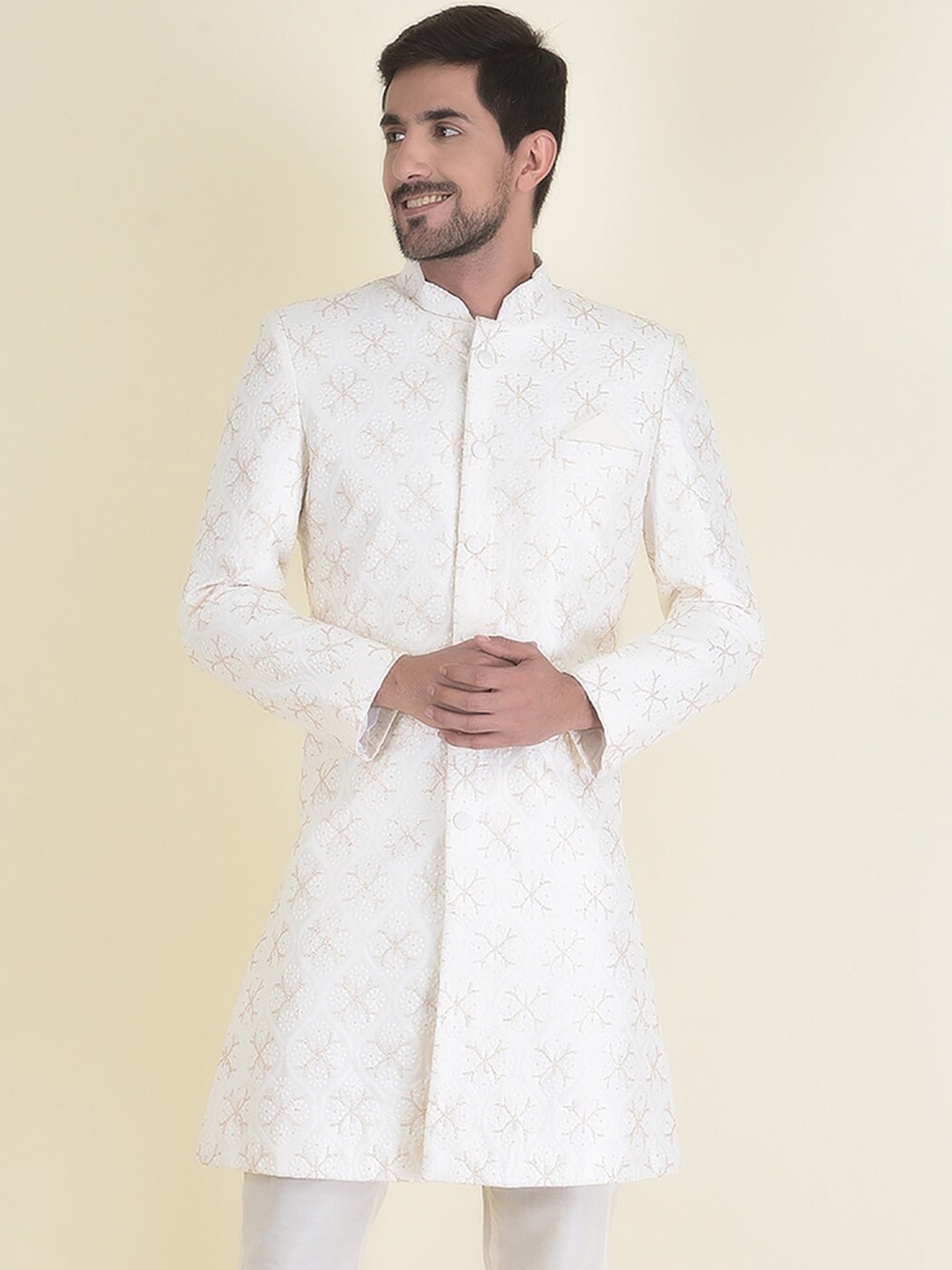 

HOUSE OF DEYANN Men Embroidered Sherwani With Trouser Set, Off white