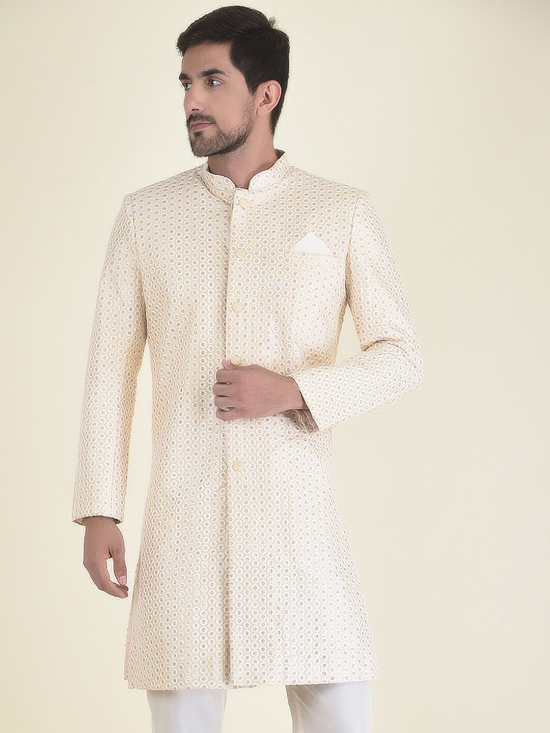 

HOUSE OF DEYANN Men Embroidered Sherwani With Trouser Set, Cream