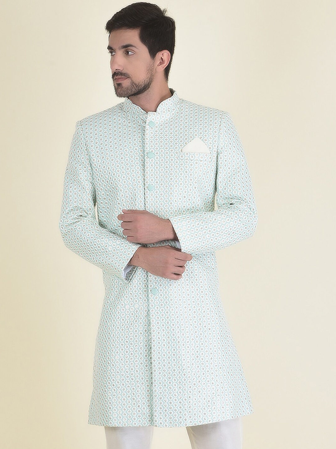 

HOUSE OF DEYANN Men Embroidered Sherwani With Trouser Set, Green