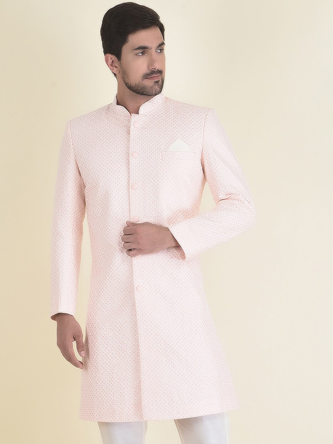 

HOUSE OF DEYANN Men Embroidered Sherwani With Trouser Set, Peach