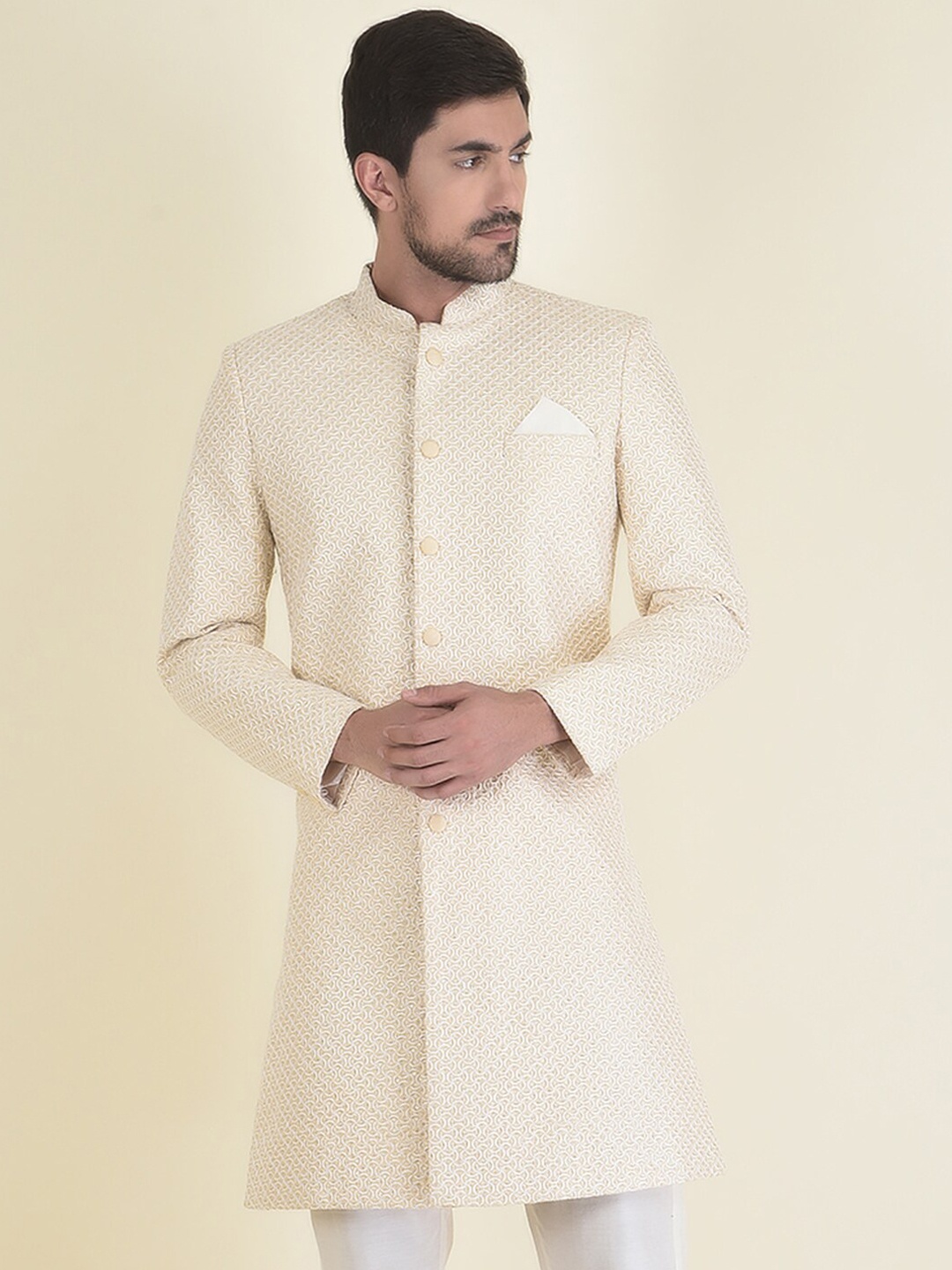 HOUSE OF DEYANN Men Embroidered Sherwani With Trouser Set, Cream