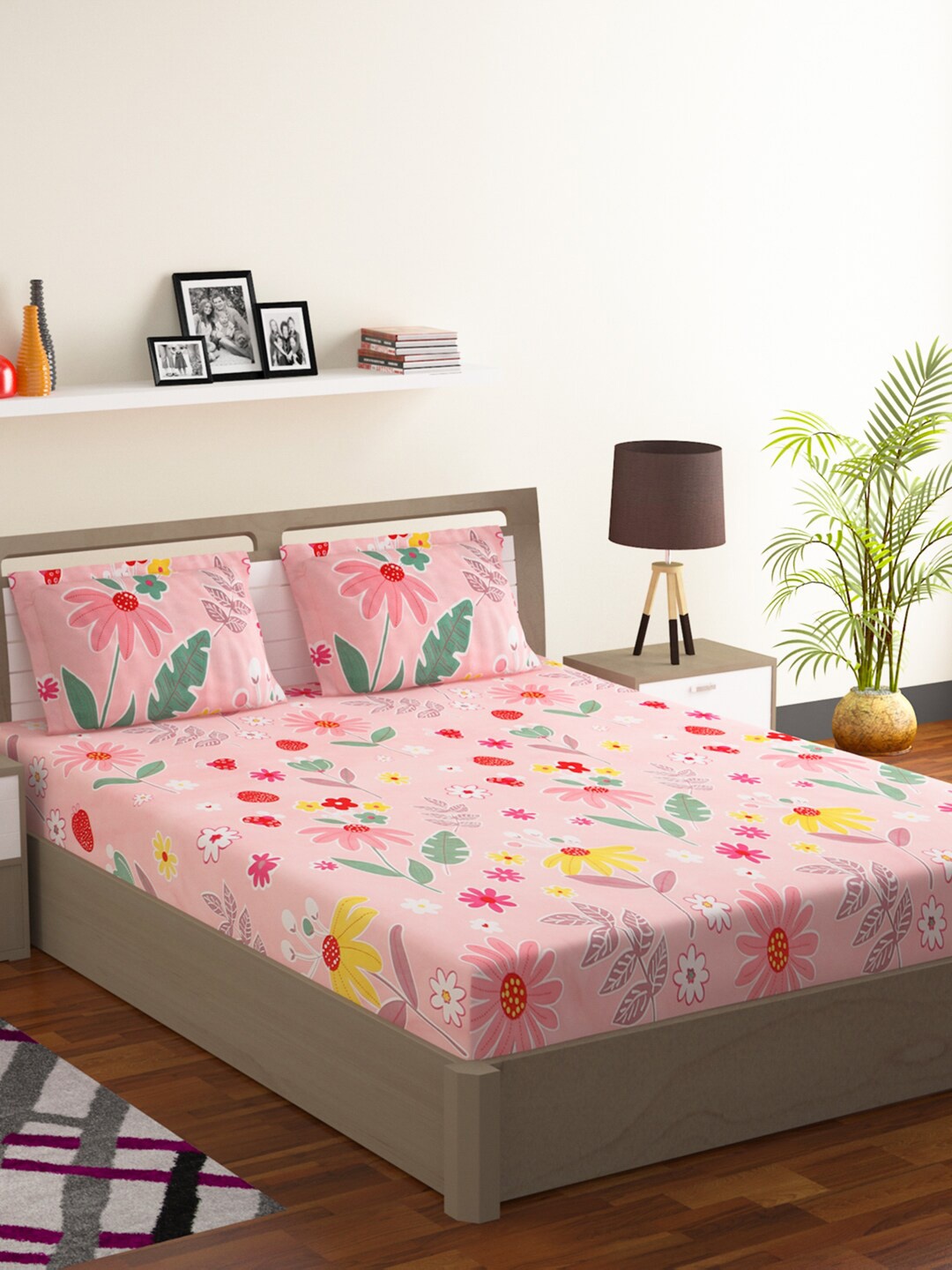 

Rubix Home Pink & Red Floral 144 TC Flat Queen Bedsheet with 2 Pillow Covers