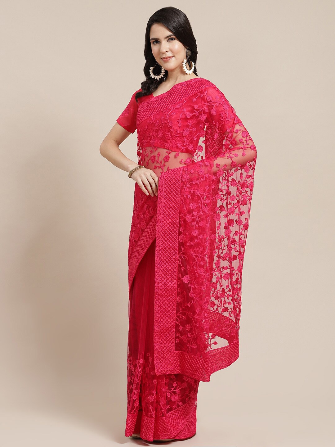 

Kalista Floral Embroidered Net Saree, Pink
