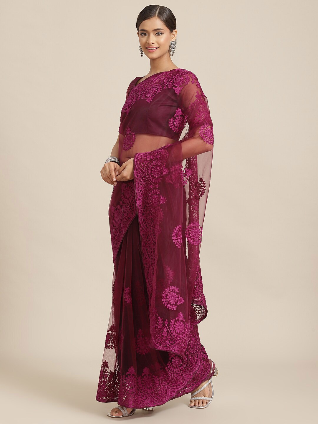 

Kalista Purple Ethnic Motifs Embroidered Net Saree