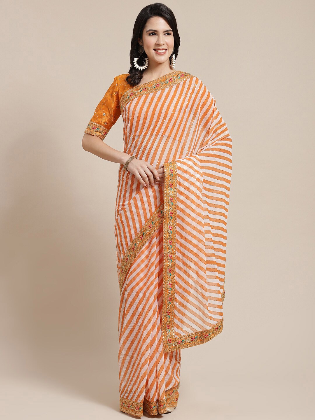 

Kalista Orange & White Striped Embroidered Pure Georgette Saree