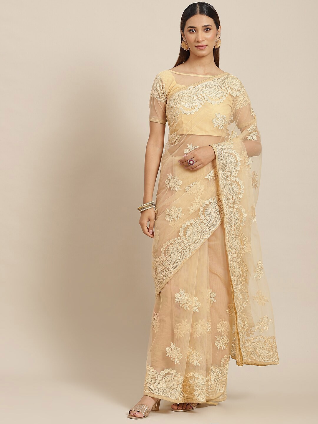 

Kalista Beige Ethnic Motifs Embroidered Net Saree