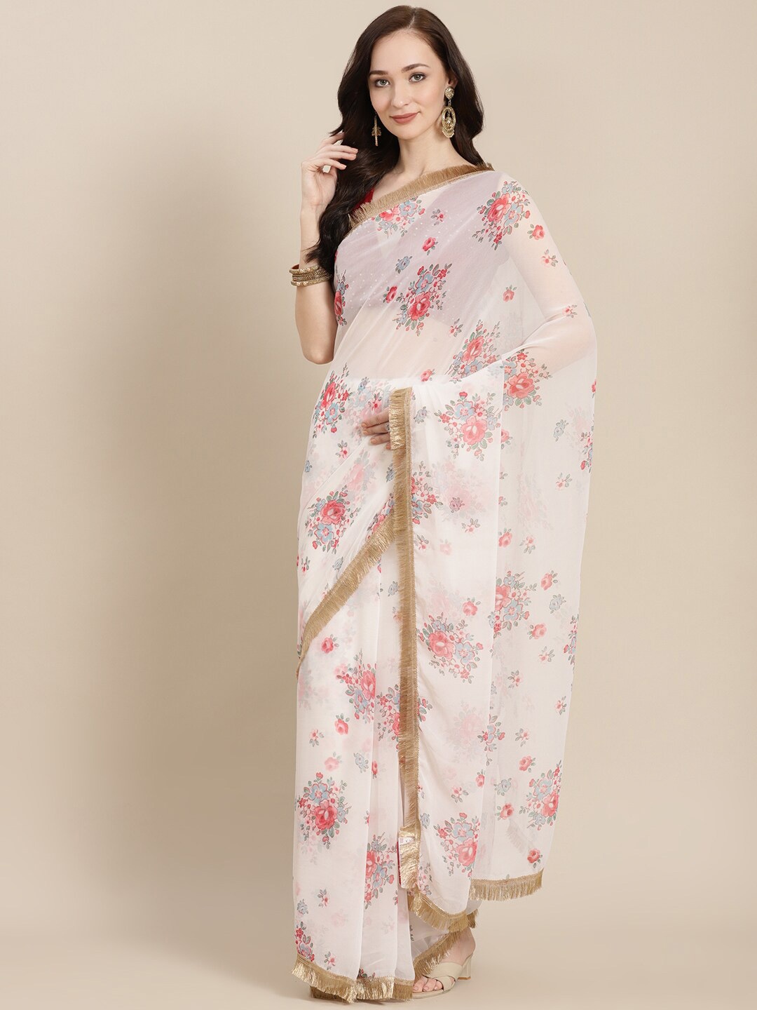 

Kalista Off White & Red Floral Pure Georgette Saree