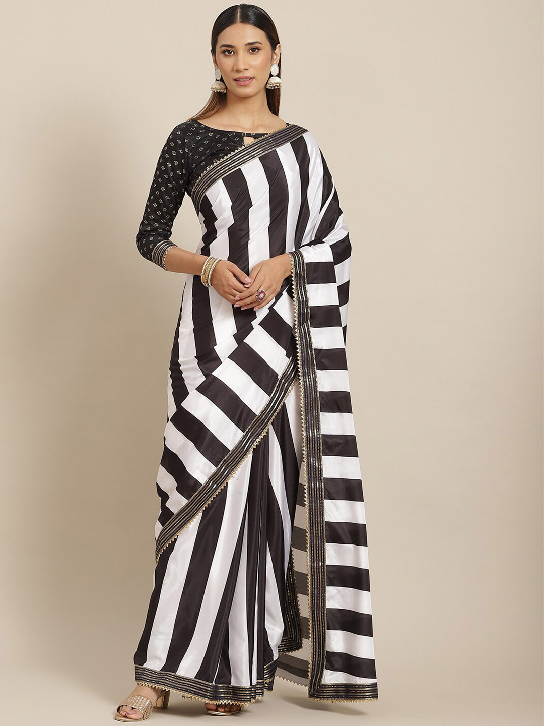 

Kalista Black & White Striped Pure Silk Saree