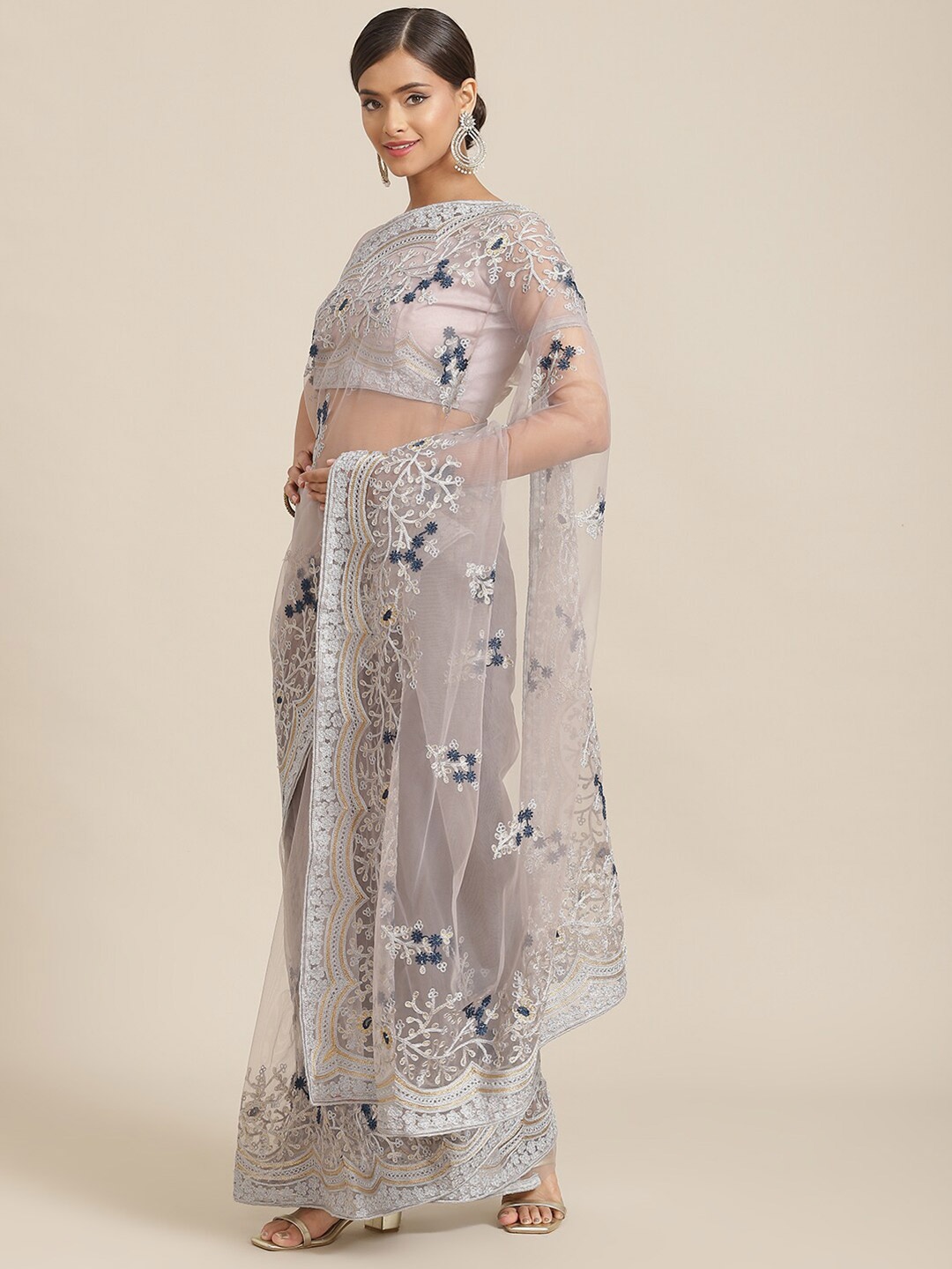 

Kalista Grey & Blue Floral Embroidered Net Saree