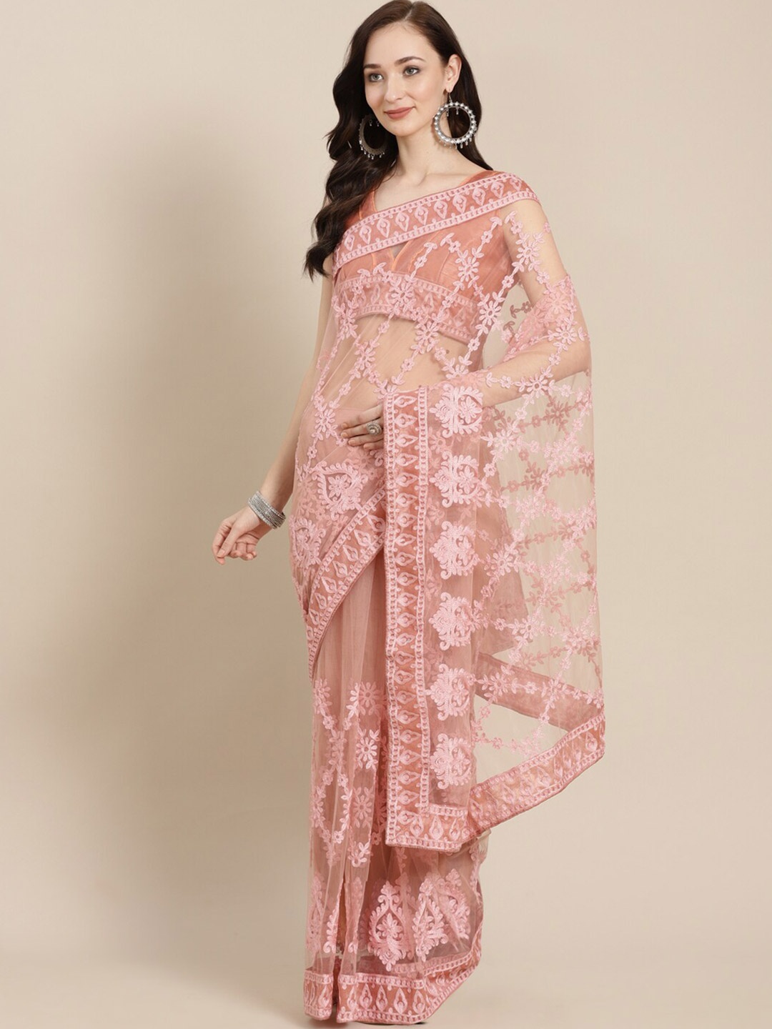 

Kalista Peach-Coloured Embellished Embroidered Net Saree