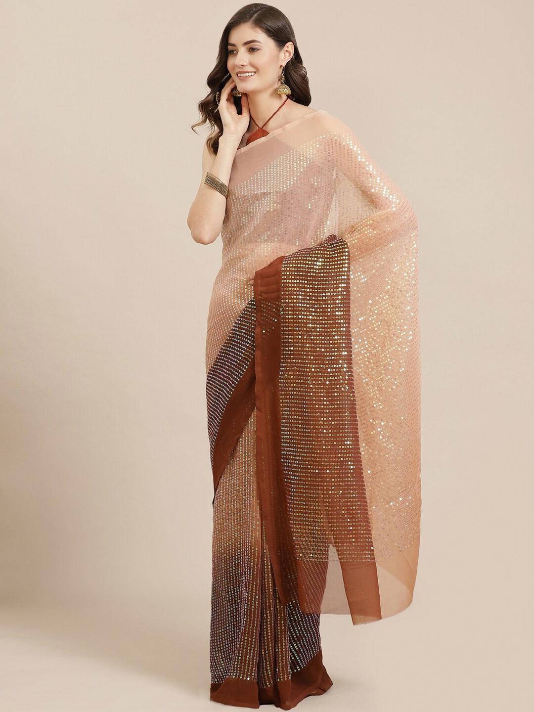 

Kalista Brown & Peach-Coloured Embellished Sequinned Pure Georgette Saree