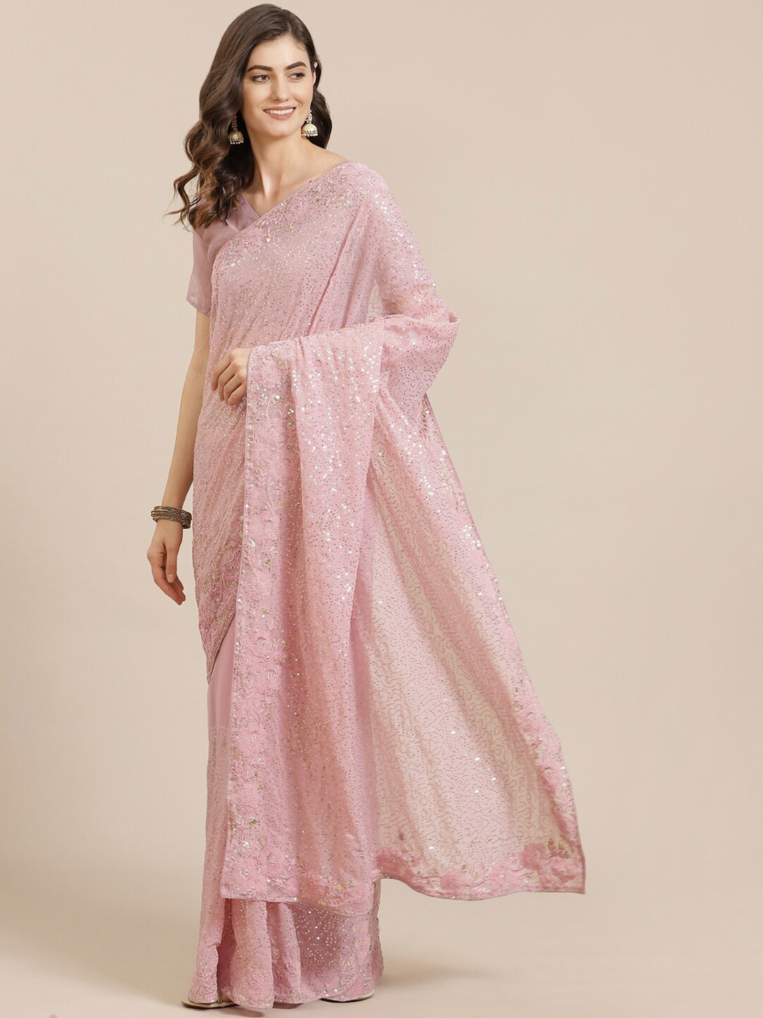 

Kalista Peach-Coloured & Yellow Embellished Pure Georgette Saree