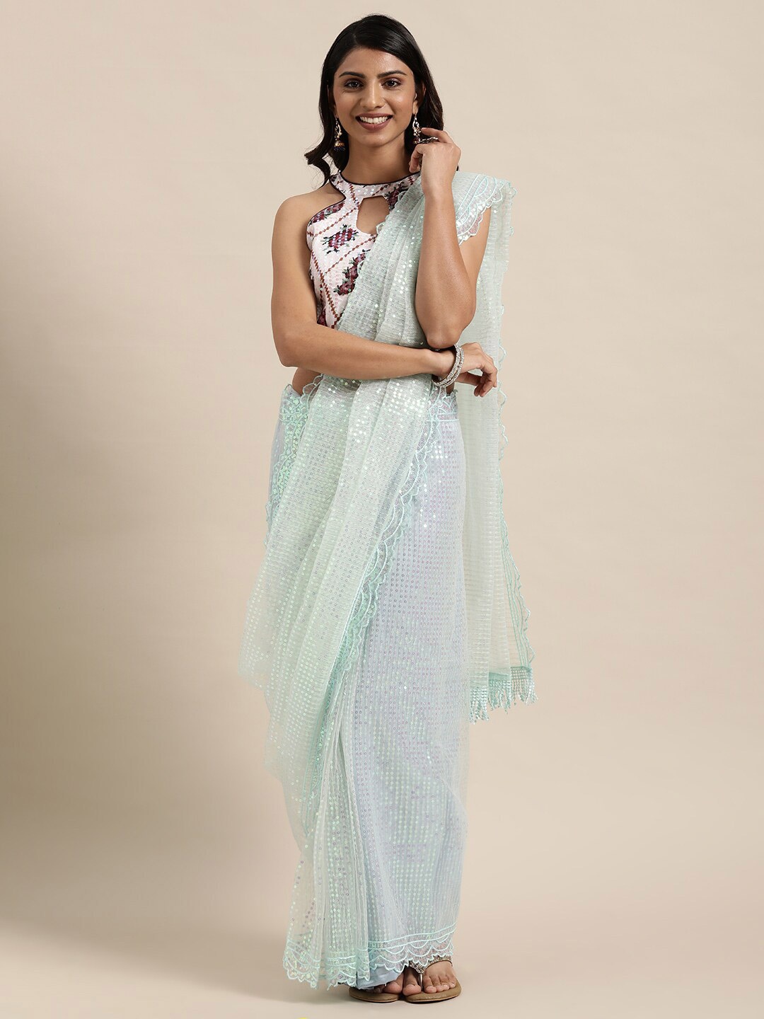 

Kalista Blue Striped Sequinned Net Saree