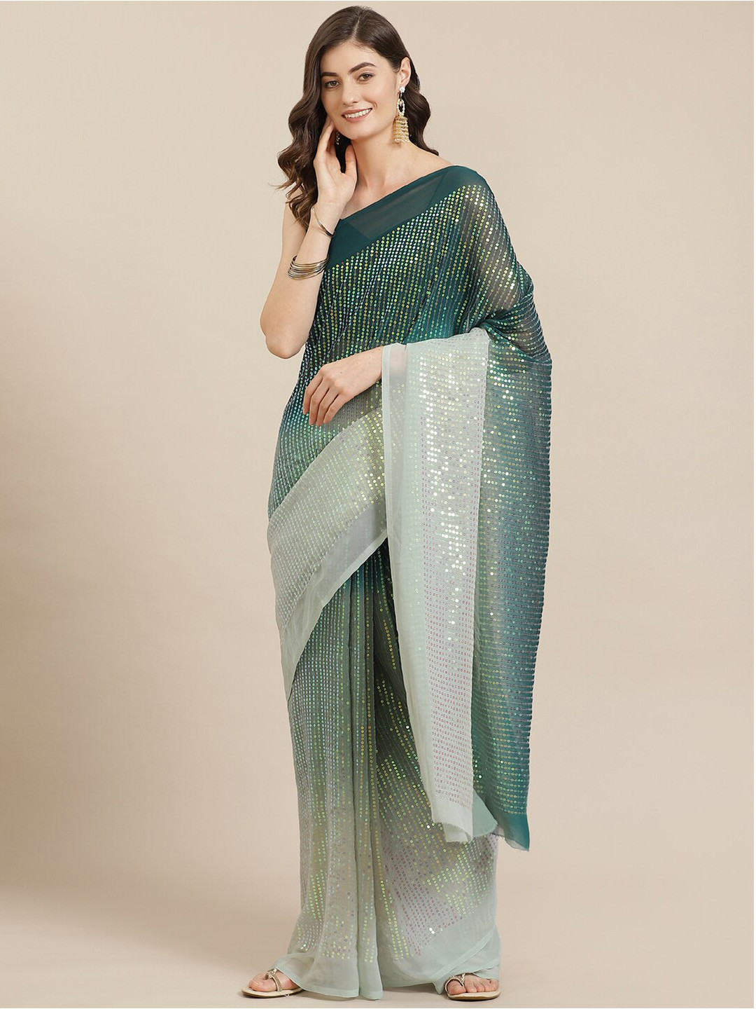 

Kalista Blue & White Striped Sequinned Pure Georgette Saree