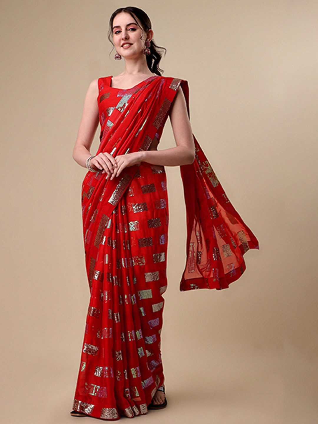 

Vaidehi Fashion Embellished Sequinned Silk Blend Saree, Red