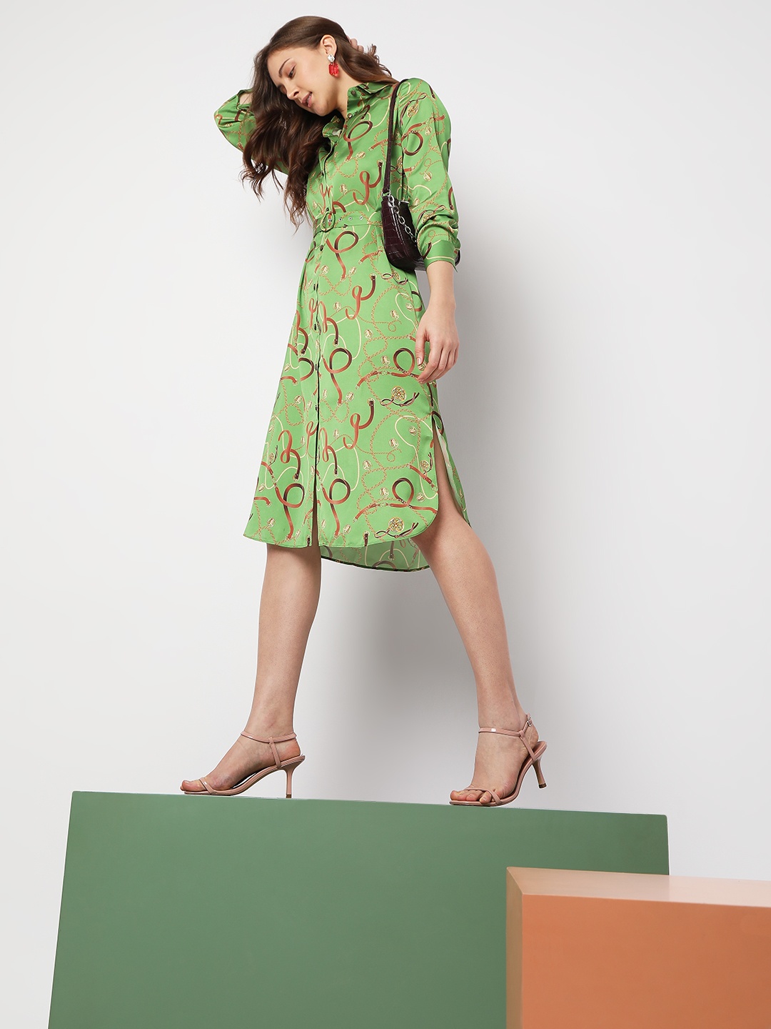 

Vero Moda Printed Spread Collar Shirt Dress, Green